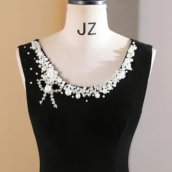Chic / Beautiful Black Pearl Prom Dresses 2024 A-Line / Princess U-Neck Sleeveless Floor-Length / Long Prom Formal Dresses