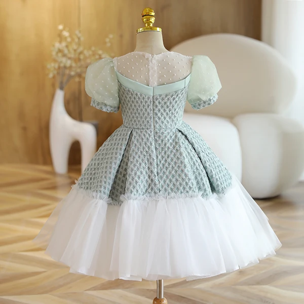 Chic / Belle Vert Cendré Courte Anniversaire Robe Ceremonie Fille 2022 Robe Boule Encolure Dégagée Gonflée Manches Courtes Robe Ceremonie Fille