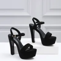 Sexy Noire Cocktail Sandales Femme 2022 Bride Cheville 13 cm Talons Épais Peep Toes / Bout Ouvert Sandales Talons Hauts
