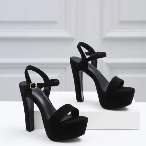 Sexy Noire Cocktail Sandales Femme 2022 Bride Cheville 13 cm Talons Épais Peep Toes / Bout Ouvert Sandales Talons Hauts
