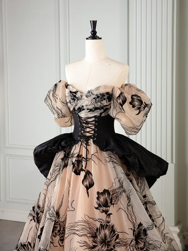 Fashion Champagne Embroidered Prom Dresses 2025 Ball Gown Off-The-Shoulder Puffy Short Sleeve Backless Sweep Train Formal Dresses