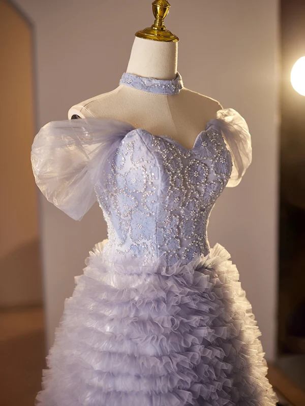 High-end Lavender Beading Pearl Sequins Ruffle Prom Dresses 2024 A-Line / Princess Off-The-Shoulder Short Sleeve Backless Floor-Length / Long Prom Formal Dresses