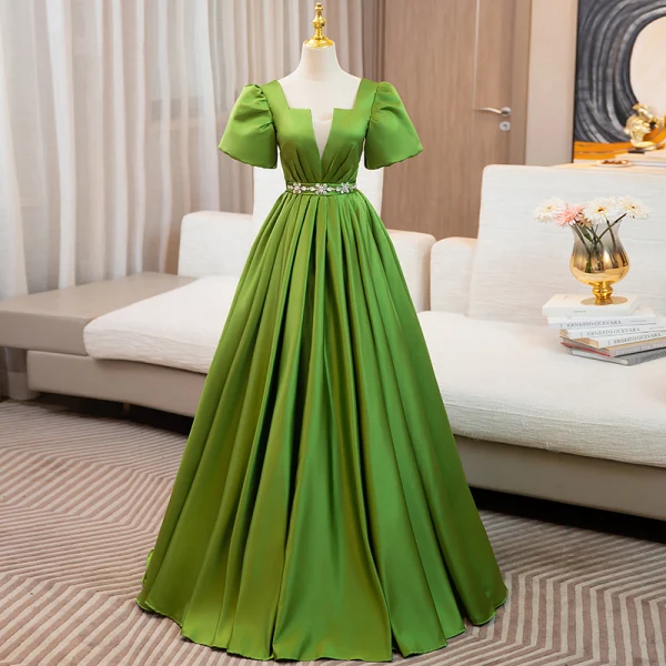 Elegant Green Rhinestone Sash Prom Dresses 2024 Ball Gown Square Neckline  Short Sleeve Backless Floor-Length /