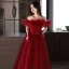 Charming Burgundy Pearl Sash Prom Dresses 2023 A-Line / Princess Ruffle Off-The-Shoulder Sleeveless Backless Floor-Length / Long Formal Dresses