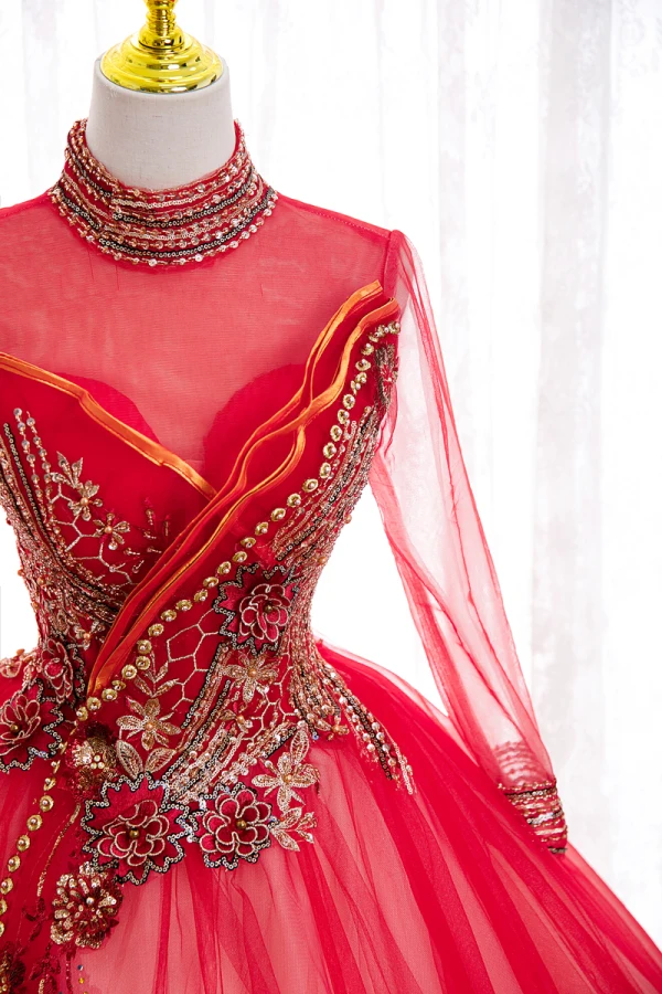 Élégant Rouge Perle Paillettes En Dentelle Fleur Robe De Bal 2022 Robe Boule Col Haut Manches Longues Dos Nu Longue Promo Robe De Ceremonie