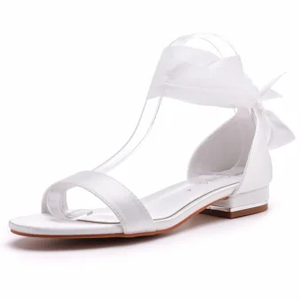 Sexy White Satin Prom Flat Womens Sandals 2023 Ankle Strap Open Peep Toe Sandals