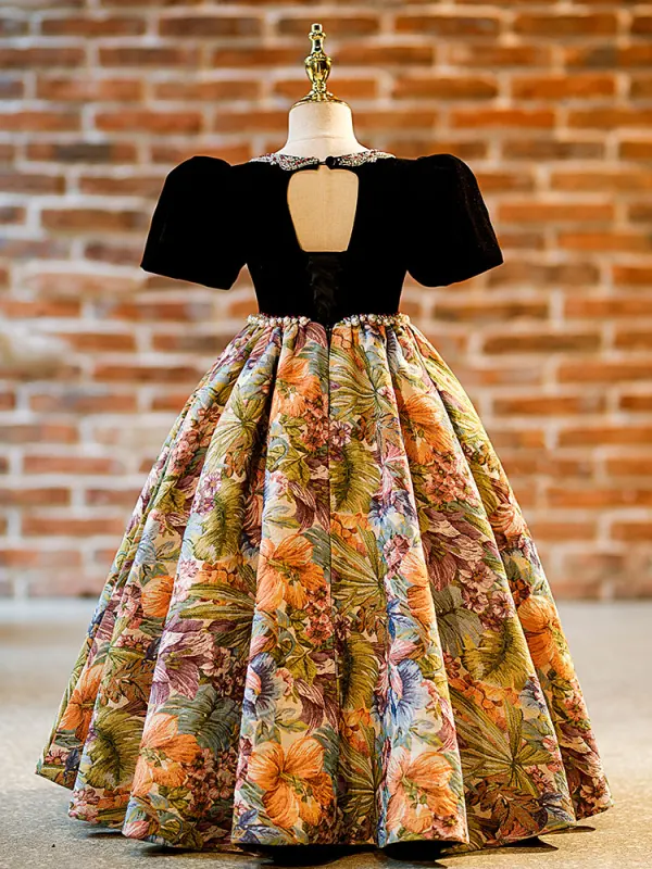 Vintage / Retro Black Pearl Rhinestone Printing Birthday Flower Girl Dresses 2024 Ball Gown Scoop Neck Short Sleeve Floor-Length / Long