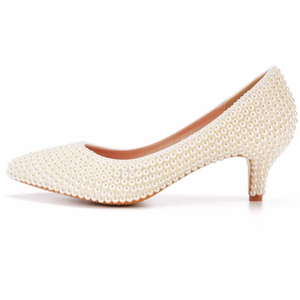 Élégant Blanche Perle Chaussure De Mariée 2023 5 cm Talons Aiguilles À Bout Pointu Mariage Escarpins Talons Hauts