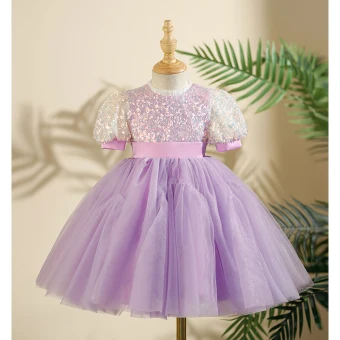 Bling Bling Lavender Beading Sequins Birthday Short Flower Girl Dresses 2024 Ball Gown Scoop Neck Short Sleeve