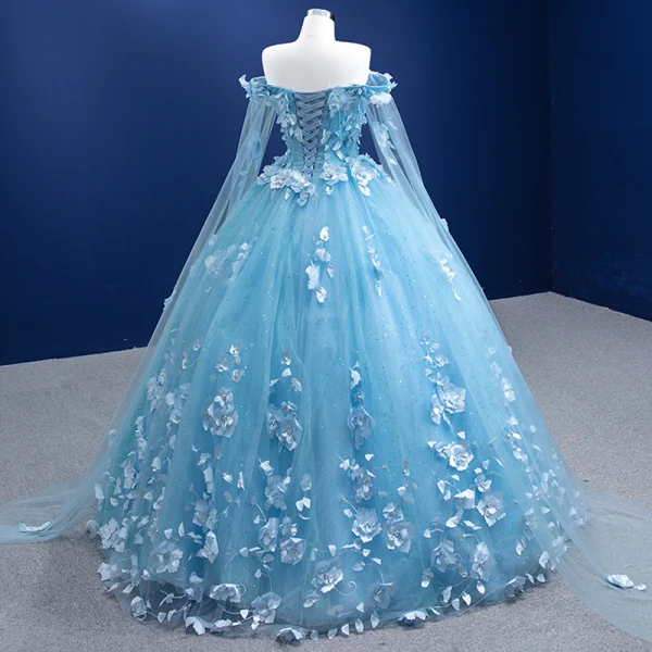 Elegant Pool Blue Pearl Appliques Prom Dresses 2022 Ball Gown Off-The-Shoulder Long Sleeve Backless Floor-Length / Long Formal Dresses
