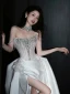 Illusion White Beading Rhinestone Satin Split Front Corset Wedding Dresses 2024 A-Line / Princess Strapless Sleeveless Backless Chapel Train Wedding