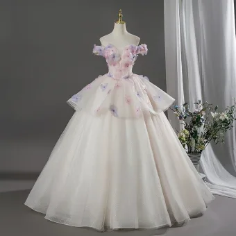 Blumenfee Champagner Perle Applikationen Ballkleider 2026 Ballkleid Off Shoulder Kurze Ärmel Rückenfreies
