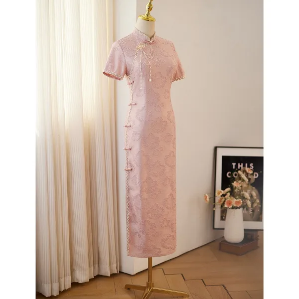 Chinese style Blushing Pink Pearl Printing Split Front Evening Party Cheongsam 2025 Trumpet / Mermaid High Neck Short Sleeve Floor-Length / Long