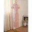 Chinese style Blushing Pink Pearl Printing Split Front Evening Party Cheongsam 2025 Trumpet / Mermaid High Neck Short Sleeve Floor-Length / Long