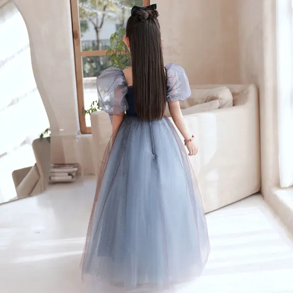 Élégant Bleu Marine Paillettes Promo Robe Ceremonie Fille 2022 Princesse Encolure Carrée Gonflée Manches Courtes Noeud Dos Nu Longue Robe Ceremonie Fille
