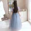 Élégant Bleu Marine Paillettes Promo Robe Ceremonie Fille 2022 Princesse Encolure Carrée Gonflée Manches Courtes Noeud Dos Nu Longue Robe Ceremonie Fille