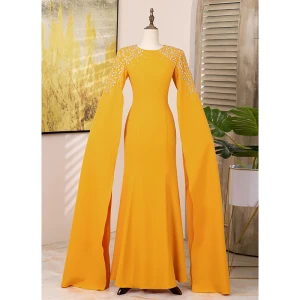 Vintage Retro Yellow Rhinestone Prom Dresses 2024 Trumpet Mermaid Scoop Neck Long Sleeve Floor Length Long Formal Dresses