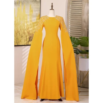 Vintage Retro Yellow Rhinestone Prom Dresses 2024 Trumpet Mermaid Scoop Neck Long Sleeve Floor Length Long Formal Dresses