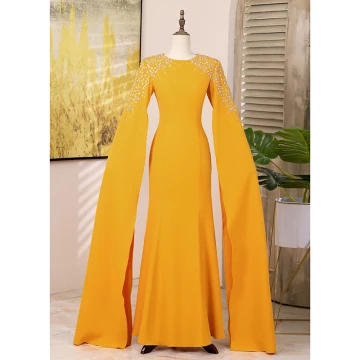 Vintage Retro Yellow Rhinestone Prom Dresses 2024 Trumpet Mermaid Scoop Neck Long Sleeve Floor Length Long Formal Dresses