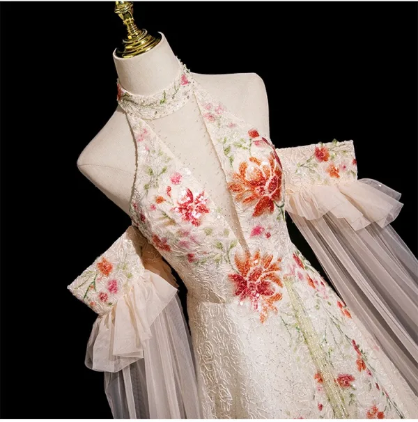 Élégant Champagne Perlage Gland Paillettes En Dentelle Fleur Robe De Bal 2025 Princesse Col Haut Manches Courtes Dos Nu Longue Robe De Ceremonie