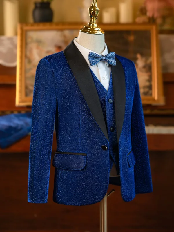 Fashion Royal Blue Sequins Long Sleeve Boys Wedding Suits 2024 Body Jewellery Coat Pants Shirt Tie Vest 6-piece