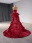Unusual High-end Burgundy Satin Prom Dresses 2024 Trumpet / Mermaid Strapless Backless Court Train Prom Cap Sleeves Formal Dresses