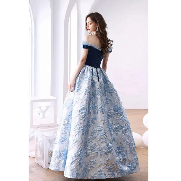 Elegant Ocean Blue Glitter Suede Prom Dresses 2022 Satin Ball Gown Off-The-Shoulder Short Sleeve Backless Floor-Length / Long Formal Dresses