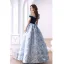 Elegant Ocean Blue Glitter Suede Prom Dresses 2022 Satin Ball Gown Off-The-Shoulder Short Sleeve Backless Floor-Length / Long Formal Dresses