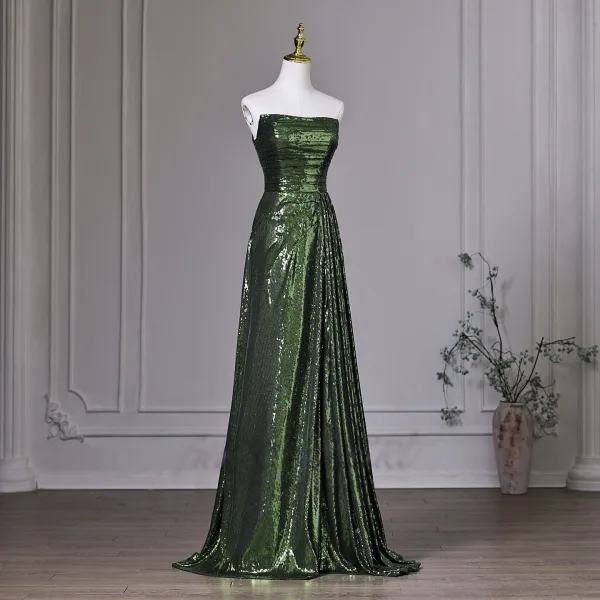 Vintage / Retro Dark Green Sequins Evening Dresses  2026 A-Line / Princess Strapless Sleeveless Backless