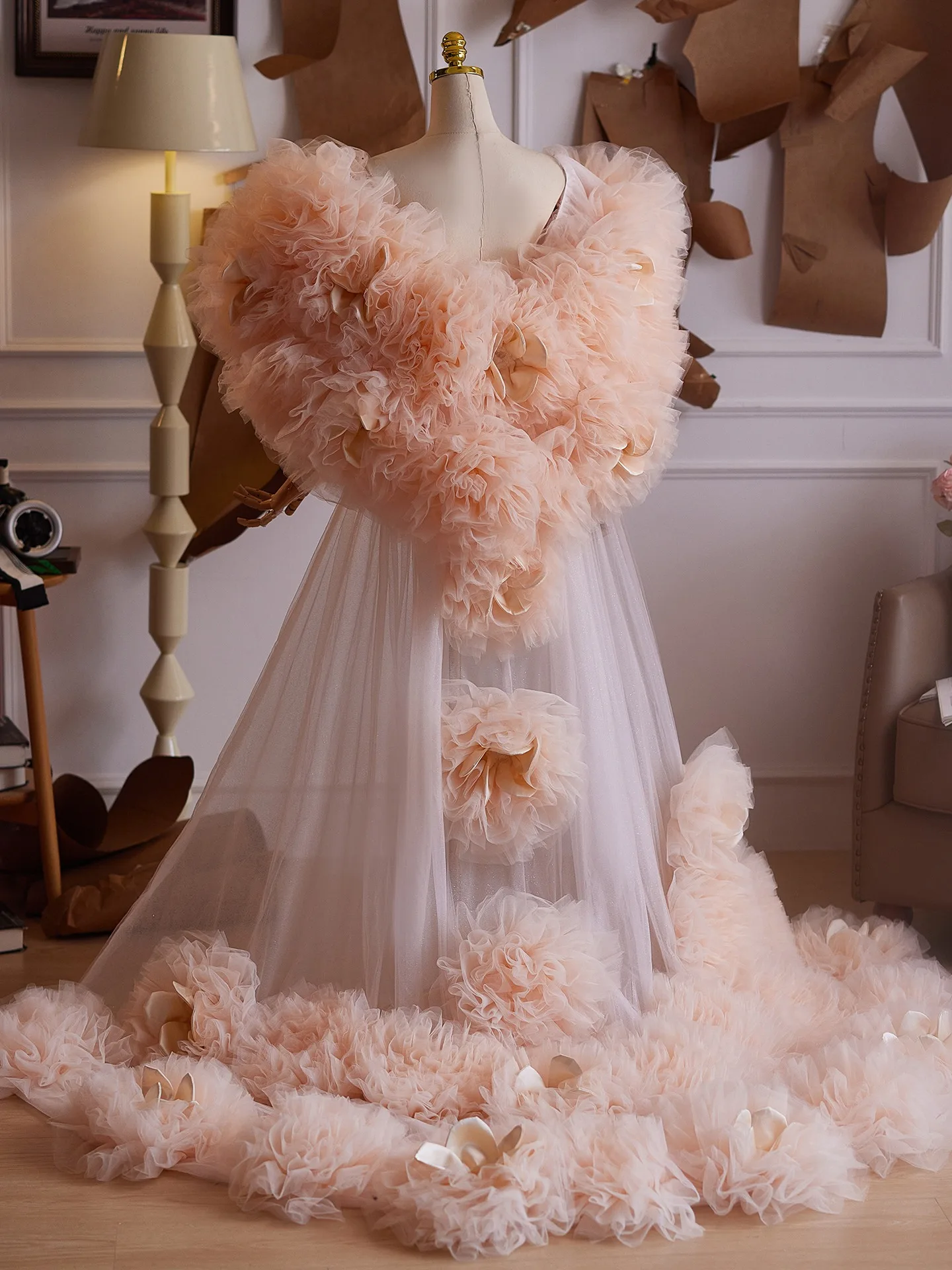 Amazing / Unique Blushing Pink Handmade Short Sleeve Prom Ruffle Shawl 2025
