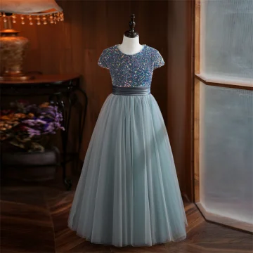 Chic Beautiful Grey Sequins Birthday Flower Girl Dresses 2024 A Line Princess Scoop Neck Short Sleeve Bow Sash Floor Length Long
