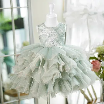 Charmant Vert Cendré Perlage Paillettes En Dentelle Fleur Volants En Cascade Anniversaire Courte Robe Ceremonie Fille 2023 Robe Boule Encolure Dégagée Manches Courtes