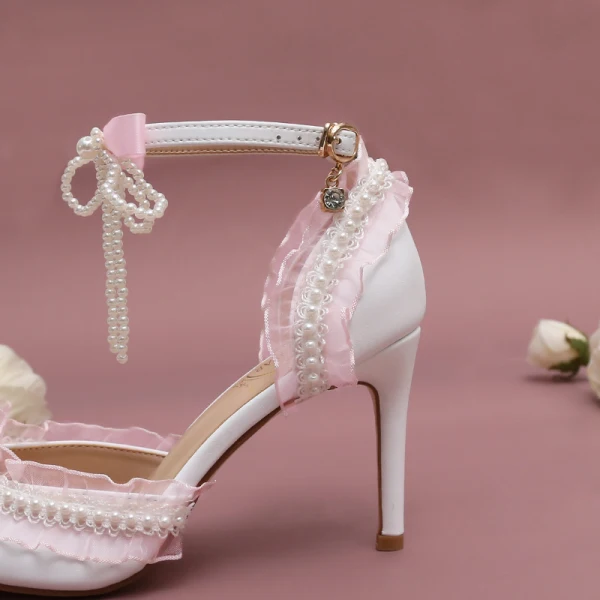 Schön Charmant Weiß Brautschuhe 2023 Knöchelriemen Perle Schleife 9 cm Stilettos Spitzschuh Hochzeit Sandaletten Hochhackige