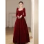 Elegant Burgundy Winter Suede Prom Dresses 2023 A-Line / Princess Square Neckline Rhinestone Long Sleeve Backless Bow Floor-Length / Long Prom Formal Dresses