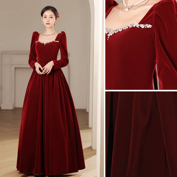 Elegant Burgundy Winter Suede Prom Dresses 2023 A-Line / Princess Square Neckline Rhinestone Long Sleeve Backless Bow Floor-Length / Long Prom Formal Dresses