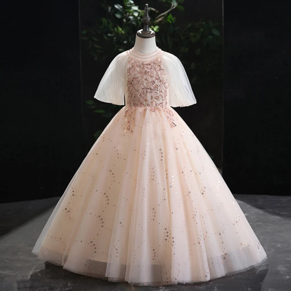 Chic / Beautiful Candy Pink Beading Sequins Prom Flower Girl Dresses 2022 Ball Gown Scoop Neck Puffy Short Sleeve Floor-Length / Long Flower Girl Dresses