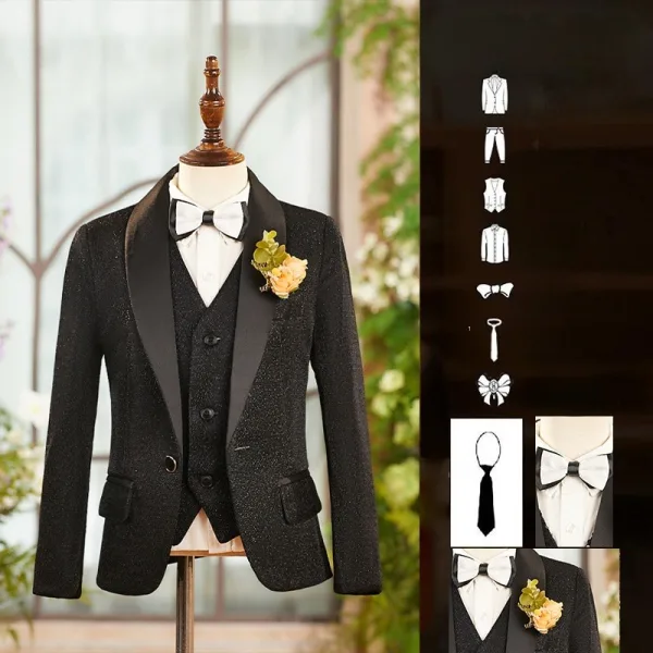 Fall Winter Black 6-piece Long Sleeve Boys Wedding Suits 2025 Body Jewellery Coat Pants Shirt Tie Vest