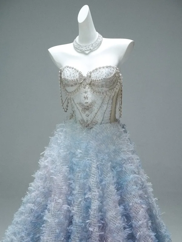 Luxury / Gorgeous Charming Sky Blue Handmade  Beading Rhinestone Pearl Appliques Prom Dresses 2025 Ball Gown Strapless Sleeveless Backless Floor-Length / Long