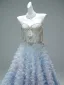 Luxury / Gorgeous Charming Sky Blue Handmade  Beading Rhinestone Pearl Appliques Prom Dresses 2025 Ball Gown Strapless Sleeveless Backless Floor-Length / Long