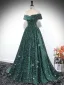 Sparkly Dark Green Sequins Prom Dresses 2024 Ball Gown Off-The-Shoulder Sleeveless Backless Floor-Length / Long Prom Formal Dresses