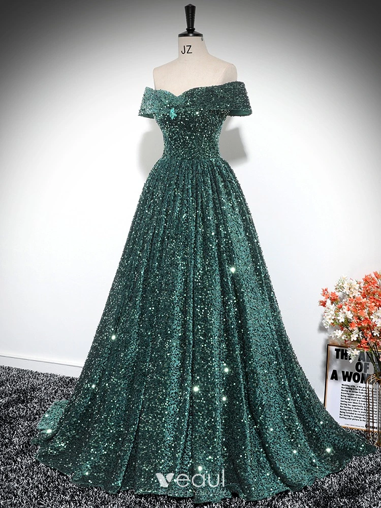 green prom.dress BABARONI 2025 Off-the-shoulder Sequined Mermaid Maxi Prom Dress with Train Dark Green