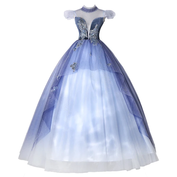 Elegant Pool Blue Beading Sequins Lace Flower Prom Dresses 2022 Ball Gown High Neck Puffy Short Sleeve Floor-Length / Long Formal Dresses