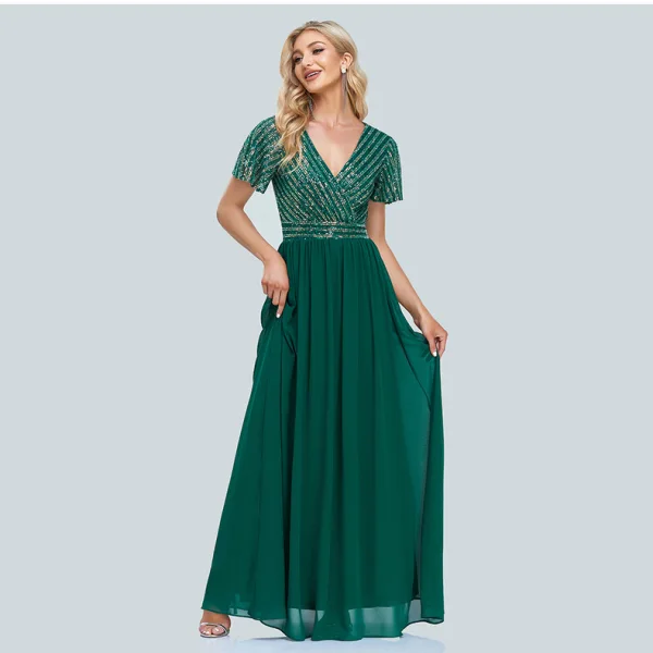 Chic / Belle Vert Paillettes Robe De Soirée Princesse 2023 V-Cou Manches Courtes Longue Soirée Robe De Ceremonie