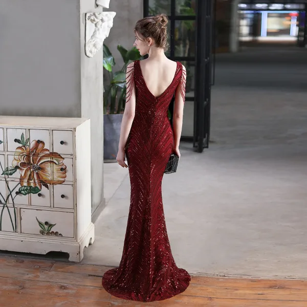 Charming White Beading Sequins Evening Dresses 2023 Trumpet / Mermaid V-Neck Sleeveless Backless Floor-Length / Long Evening Party Formal Dresses