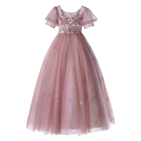 Chic / Beautiful Blushing Pink Beading Pearl Sequins Lace Flower Flower Girl Dresses 2022 A-Line / Princess Scoop Neck Appliques Short Sleeve Floor-Length / Long Prom Flower Girl Dresses