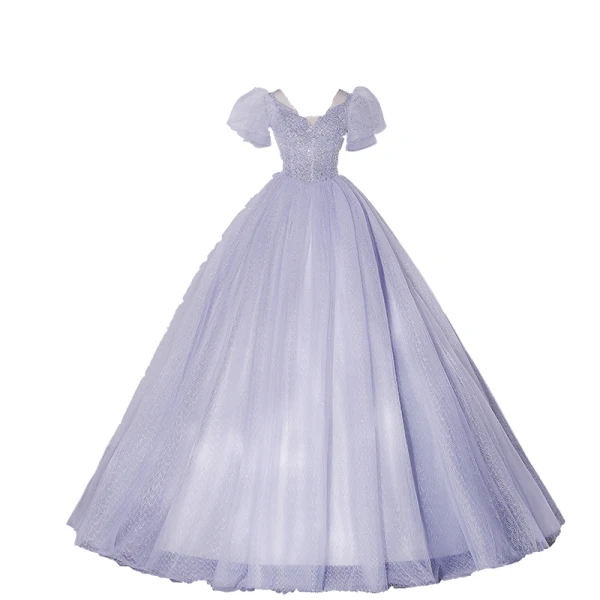 Chic / Beautiful Sky Blue Beading Sequins Prom Dresses 2022 Ball Gown Scoop Neck Short Sleeve Puffy Backless Floor-Length / Long Prom Formal Dresses