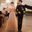 Chic / Belle Champagne Tachetée Robe De Bal 2022 Princesse Encolure Carrée Gonflée Manches Courtes Dos Nu Perlage Longue Robe De Ceremonie
