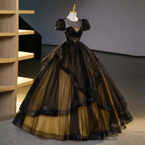 Vintage Retro Black Beading Sequins Lace Flower Cascading Ruffles Prom Dresses 2023 Ball