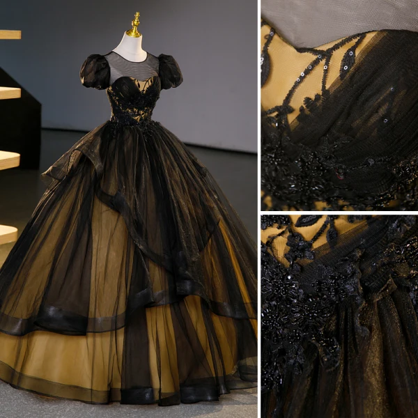 Vintage / Retro Black Beading Sequins Lace Flower Cascading Ruffles Prom Dresses 2023 Ball Gown Scoop Neck Puffy Short Sleeve Backless Floor-Length / Long Prom