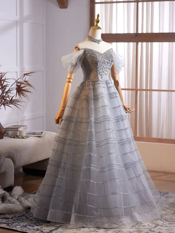 Bling Bling Grey Beading Rhinestone Sequins Prom Dresses 2025 Ball Gown Off-The-Shoulder Sleeveless Backless Floor-Length / Long Formal Dresses